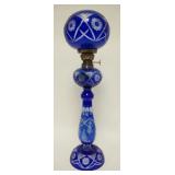 1003	COBALT BLUE CUT TO CLEAR KEROSENE LAMP, CONTEMPORARY, NO CHIMNEY, 23 1/2 IN HIGH