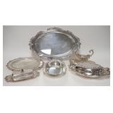 1005	TOWLE *EL GRANDE* SILVER PLATED SERVING PIECES, 20 1/2 IN TRAY, ROUND PLATE W/DIVIDED GLASS INS