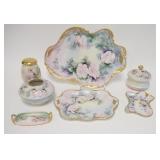 1009	7 PIECE HAND PAINTED PORCELAIN DRESSER SET, LIMOGES & OTHER BLANKS, PAINTING BY M.D. CHANDLER R