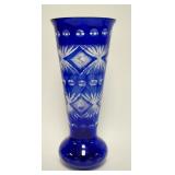 1016	VERY TALL COBALT BLUE CUT TO CLEAR CRYSTAL VASE, 16 IN HIGH
