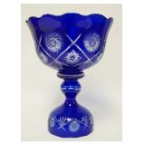 1017	COLBALT BLUE CUT TO CLEAR CRYSTAL COMPOTE, 13 1/4 IN HIGH X 10 1/4 IN TOP DIAMETER