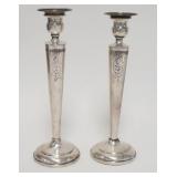 1019	PAIR OF WEIGHTED STERLING SILVER CANDLESTICKS, BOBACHES ALSO MARKED STERLING, SOME DENTING & TW