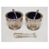 1024	STERLING SILVER LOT, 2 SALT DIPS W/BLUE GLASS LINERS, 2 SPOONS, & A SMALL PAIR OF TONGS, SILVER