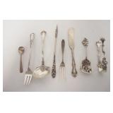 1033	8 PIECES OF STERLING SILVER, TONGS ARE TH. MARTHINSEN, NORWAY, LONGEST PIECE IS 6 1/2 IN, 4.195