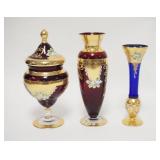 1037	3 PIECE ITALIAN BLOWN GLASS, 2 VASES & A COVERED CANDY JAR, 2 RUBY, ONE COBALT BLUE, TALLEST 9 