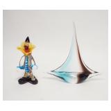 1038	2 PIECE HAND MADE GLASS FIGURES, SWEDISH SAILBOAT AND AN ITALIAN CLOWN, BOAT  IS RONNEBY, SWEDE