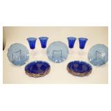 1039	15 PIECE COBALT BLUE BLOWN GLASS, 4 GOBLETS W/OPTIC RIB PATTERN & CLEAR STEMS, 8 1/4 IN HIGH & 