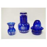1041	3 PIECE COBALT CUT TO CLEAR, TUMBLE UP, FAIRY LAMP & SMALL VASE W/RIM CHIP