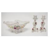 1045	3 PIECE PORCELAIN LOT, VON SHIERHOLZ FOOTED BOWL, 11 IN W/CHIPS ON THE FLOWERS & A PAIR OF CAPO