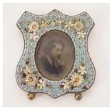 1071	MINIATURE MICROMOSAIC FRAME W/OLD PHOTO, STANDER IS MISSING, SHIELD FORM, 1 3/4 IN X 2 IN