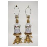 1077	PAIR OF HAND PAINTED PORCELAIN LAMPS, HAVE BEEN ELECTRIFIED, WICK TURNERS MARKED FRANCE, CORDS 