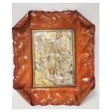 1085	UNUSUAL RELIEF METAL PLAQUE, GOLD & SILVER GILT DEPICTING A MAN, WOMAN, CASTLE, SWAN, ETC, 11 I