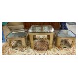 1089	SET OF 3 MIDCENTURY MODERN MIRROR TOP TABLES, METAL BASES, LARGEST IS 28 IN SQUARE X 22 3/4 IN 