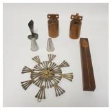 1097	LOT OF MIDCENTURY MODERN SMALL ITEMS, DANISH SALT & PEPPER, WOOD PIECE SIGNED ROGER SLOAN