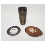 1100	SWEDISH MODERN VASE, GEODE, ENAMELED COPPER TRAY, VASE SIGNED FACETT-JONSON-GUSTAVSEN & IS SILV