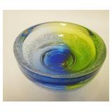 1102	SIGNED KOSTA BOWL W/GREEN & BLUE, ARTIST SIGNED, 8 IN DIAMETER X 3 IN HIGH