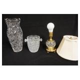 1106	3 PIECE CUT CRYSTAL LOT, VASE, BOUDOIR LAMP, & AN ICE BUCKET, VASE IS 12 IN