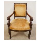 1111	BRONZE MOUNTED CARVED ARM CHAIR, HAS SCROLL ARM SUPPORTS, UPHOLSTERED SEAT & BACK