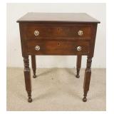 1116	ANTIQUE 2 DRAWER WORK TABLE, SQUARE & TURNED LEG, 22 IN X 17 IN X 28 1/2 IN HIGH