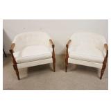 1128	PAIR OF BARREL BACK UPHOLSTERED ARM CHAIRS, SOME STAINING ON UPHOLSTERY