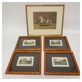 1132	5 PIECE FRAMED ARTWORK, SOLDIER ON HORSEBACK & 4 SMALL HUNT PRINTS, LARGEST IS 17 1/2 IN X 14 1