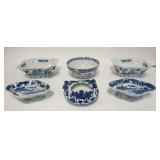 1133	6 PIECE BLUE & WHITE ASIAN POTTERY, INCLUDES BOWL W/FIGURAL BATS, RECTANGULAR BOWLS ARE 9 N