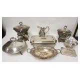 1134	LOT OF SILVER PLATE W/SERVING DISHES, PITCHER, ORNATE BOWL, ETC