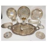 1135	LOT OF SILVER PLATE W/TRAYS, BUTTER DISH, BOWLS, LARGE LADLE, ETC