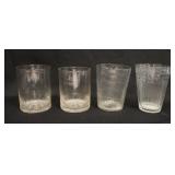 1138	4 MOLD BLOWN FLIP GLASSES, ONE IS ETCHED AT THE TOP RIM, 2 ON THE RIGHT ARE FLINT, 4 1/4-5 IN H