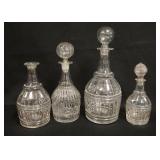 1140	4 MOLD BLOWN DECANTERS, 3 HAVE HOLLOW BLOWN STOPPERS, ROUGH PONTILS, TALLEST IS 11 1/4 IN