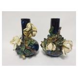 1154	PAIR OF POTTERY VASES W/APPLIED ROSES, CHIPPED LEAVES ON ONE, OTHER HAS MINOR NICKS, 11 1/2 IN 