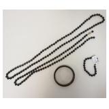 1188	2 GLASS ONYX NECKLACES, ONE NEEDS REPAIR, BEADED BRACELET & BANGLE BRACELET
