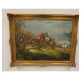 1205	OIL ON CANVAS HUNT SCENE, PIERCED GILT FRAME, 37 IN X 30 IN INCLUDING FRAME