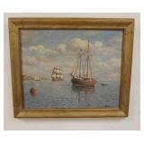 1206	H HOWE SEASCAPE W/SHIPS, OIL ON CANVAS W/GILT FRAME, 26 1/2 IN X 22 1/2 IN