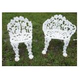 1212	PAIR OF ORNATE CAST IRON PATIO CHAIRS, ONE ARM CHAIR, 16 IN X 22 IN