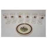 1216	STAFFORDSHIRE HOT PLATE & 6 GOBLETS W/HUNT SCENES, GOBLETS 5 3/4 IN, HOT PLATE IS 7 3/4 IN & MA