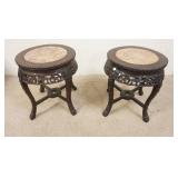 1219	PAIR OF CARVED ASIAN STANDS W/BROWN MARBLE TOPS, 19 IN HIGH X 16.5 IN DIAMETER