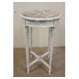 1220	CARVED TABLE W/PURPLE MARBLE TOP, PAINTED WHITE, 18 IN DIAMETER X 30 3/4 IN HIGH