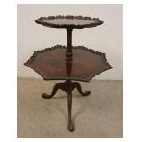1221	CARVED MAHOGANY 2 TIER STAND, HEXAGONAL, 29 IN HIGH