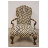 1226	UPHOLSTERED ARM CHAIR, HAS BENTWOOD ARMS, BALL & CLAW FEET, SLIGHT STAIN ON SEAT, 27 IN WIDE X 