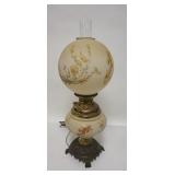 1237	HAND PAINTED SATIN GLASS GWTW LAMP, ELECTRIFIED, 25 IN TO TOP OF CHIMNEY