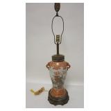 1246	HAND PAINTED ASIAN LAMP, BIRD IN A FLOWERING TREE, FIGURAL HANDLES, 34 1/4 IN HIGH