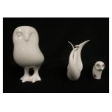 1278	VINTAGE ROYAL DUX WHITE PORCELAIN 3 PIECE LOT, 2 OWLS & SWAN, 10 IN HIGH