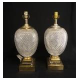 1289	PAIR OF HEAVY CUT GLASS TABLE LAMPS ON MARBLE & BRASS BASES, 35 IN OVERALL