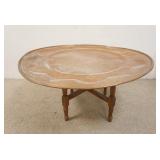 1300	LARGE COPPER TRAY ON WOOD STAND W/INTRICATE PUNCHED & PRESSED DECORATIONS, 38 IN DIAMETER