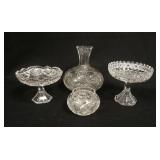 1301	4 PIECE LOT OF CUT GLASS, WATER BOTTLE IS 7 1/4 IN HIGH