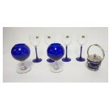1302	7 PIECE LOT W/COBALT BLUE GLASS, 4 LUMINARE GOBLETS W/BLUE BASES, 2 PV FRANCE ROSEBOWLS W/CRYST