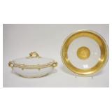 1304	2 PIECE PORCELAIN W/GOLD TRIM, ELITE LIMOGES OVAL COVERED SERVING BOWL, 11 1/2 IN ACROSS THE HA