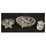 1305	3 PIECE CUT CRYSTAL W/WATERFORD MUSTARD JAR & 2 FOOTED BOWLS, LARGEST IS 8 1/4 IN
