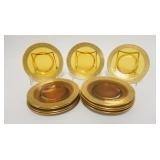 1306	SET OF 12 AMBER W/GOLD GLASS PLATES, POLISHED BASES, GOLD IS A FLOWER & LEAF PATTERN, 5 7/8 IN